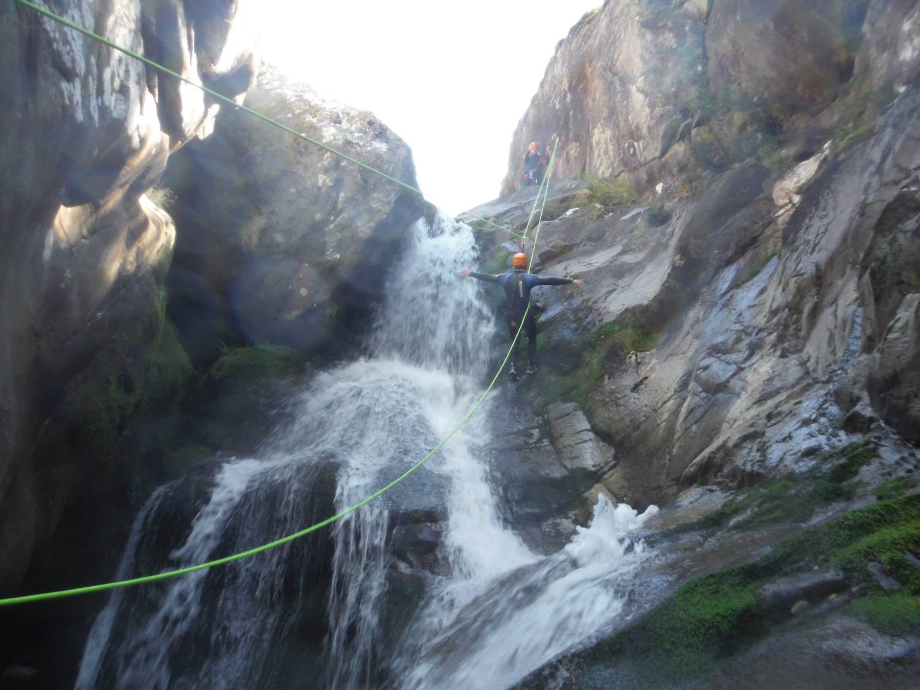 doing ziplining on a waterfall