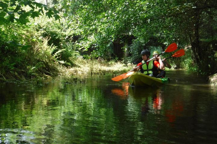 a man riding on the back of a boat next to a river